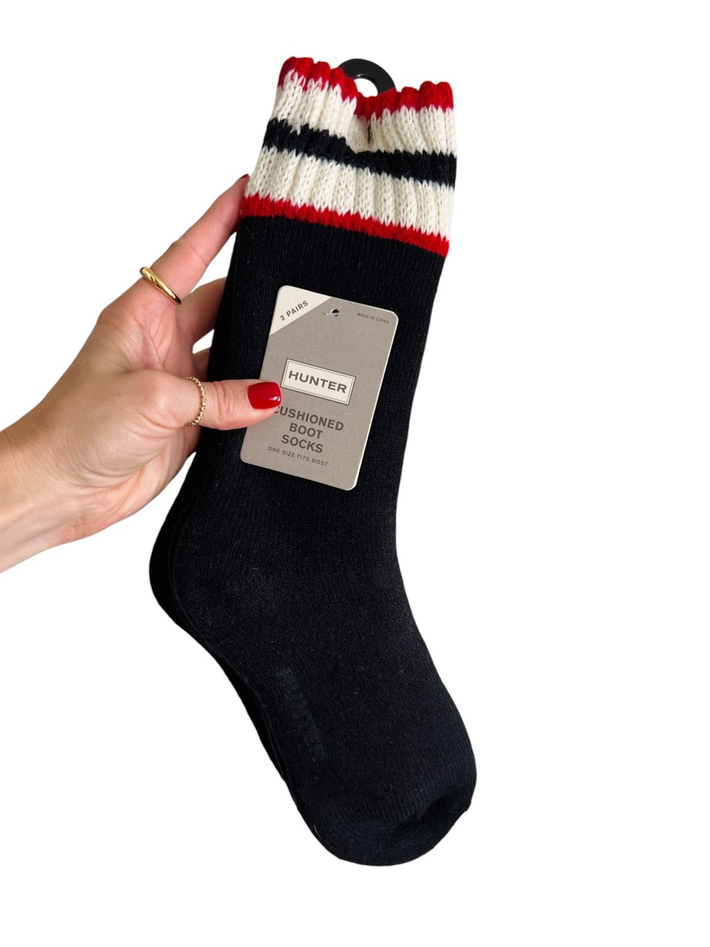 New HUNTER Cushioned Boot Socks Black with Cream & Red Trim 2 Pairs OS